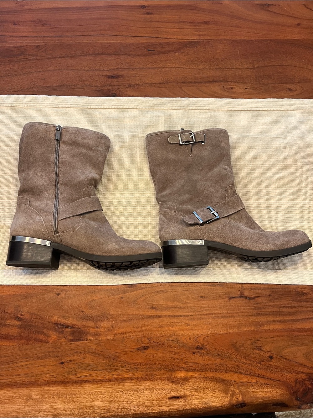 Vince Camuto Taupe Suede Mid-Calf Buckle Boots